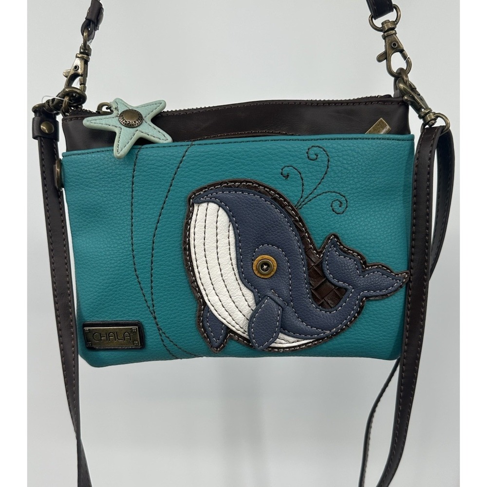 Chala Whale Mini Crossbody Purse Teal Brown Starfish Charm Zipper New 8x6